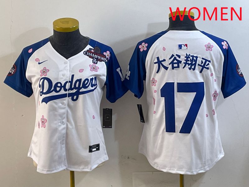 Women Los Angeles Dodgers 17 Ohtani White Blue Sakura Edition 2025 Nike MLB Jersey style 17